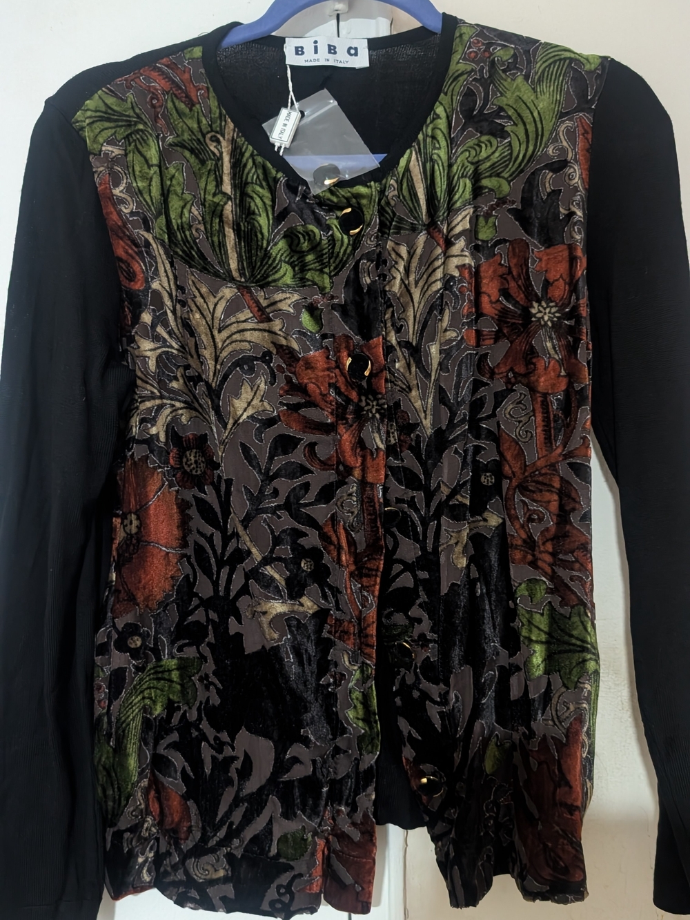 Biba Black Jacket with Green and Rust Floral Velvet Front